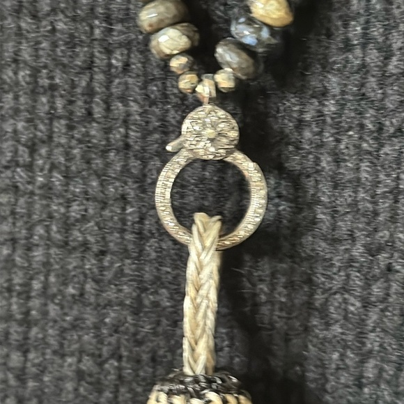 Black opal & pyrite long necklace sterling diamond clasp horse hair tassel rare - Picture 12 of 16